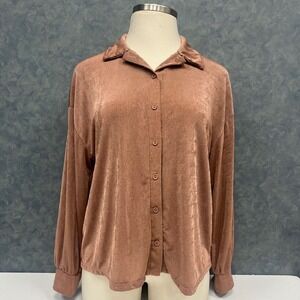 Vibe Sportswear Slinky Button-Up Top Long Sleeve Blouse Bronze Sz L